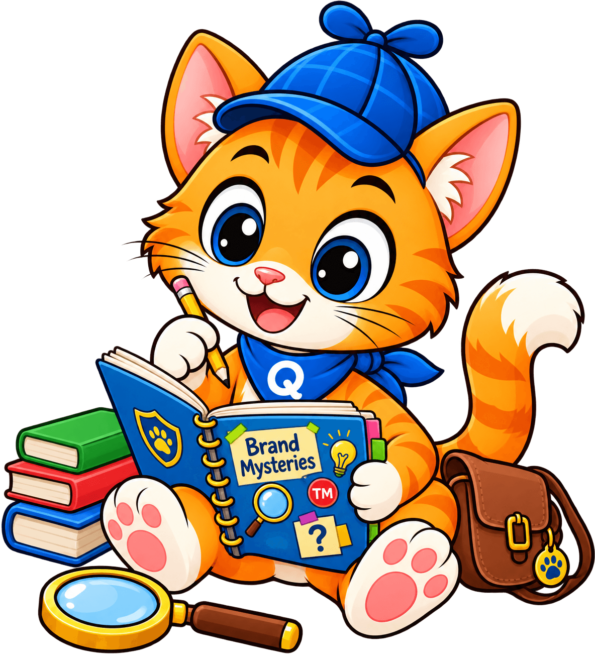 Questy the detective mascot reading a book of brand clues